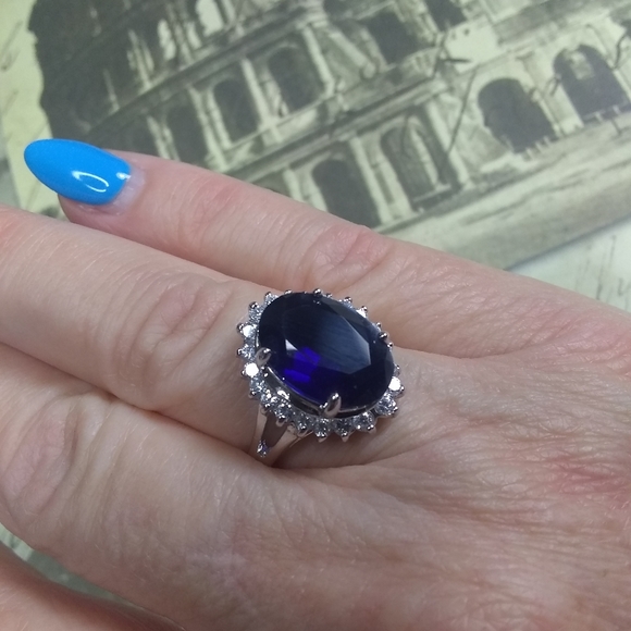 Princess Diana RJ Avon .925 Sterling Silver Blue Sapphire Halo Ring - Picture 6 of 6